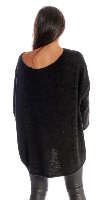 Strickpullover Pullover Rundhals-Ausschnitt Vorne kurz Hinten lang Schwarz